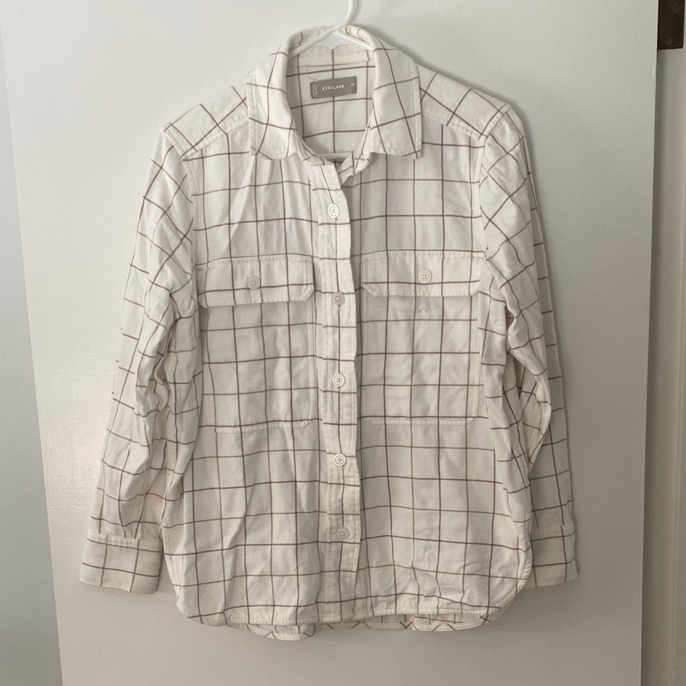 Everlane Cream and Brown Plaid Shirt